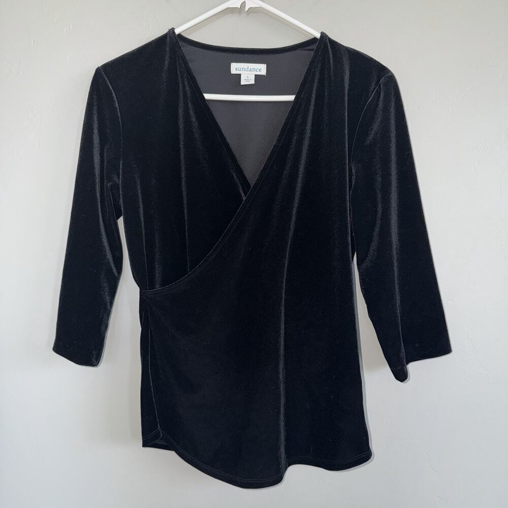 Sundance Black Velvet Wrap Top Women’s Size Small 3/4 Sleeve V-neck Boho Chic